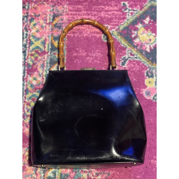Rare Vintage 90s Gucci Bamboo Black Leather Top Handle Handbag - Picture 1 of 11